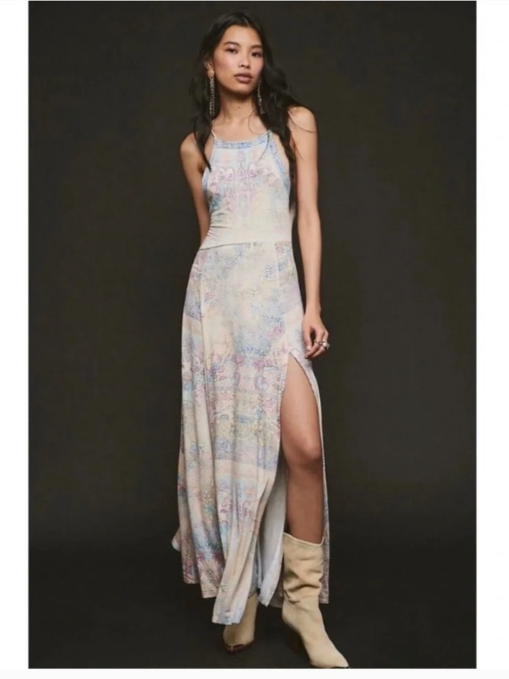 Free People Joelle Maxi Dress in a Printed Pastel Rainbow Color Large